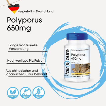 Fair &amp; Pure® - Polyporus 650mg - 120 kapsulas - Polyporus umbellatus - vegāns - bez magnija stearāta