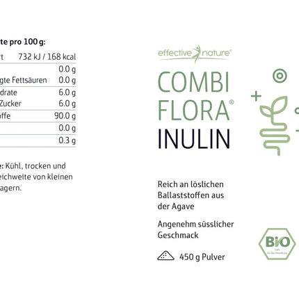 Effective Nature organiskais inulīna pulveris - 100% šķīstošās šķiedras pulveris no bioloģiskās agaves, bez glutēna, vegāns - 450g
