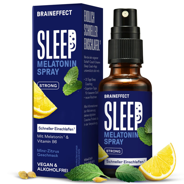BRAINEFFECT MIEGA SPRAY STRONG The Original® - melatonīna aerosols ar augstu devu - 240 dienu lietošanai - ar piparmētru, citronu, lavandu un ašvagandu, bez cukura