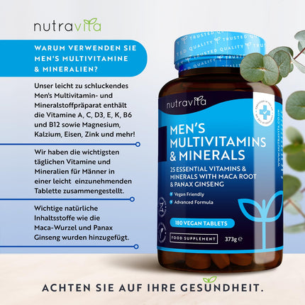 Multivitamīni un minerālvielas vīriešiem - 25 svarīgi aktīvi vitamīni un minerālvielas ar makas sakni un Panax žeņšeņu - 180 vegānu multivitamīnu tabletes - augsta deva - Nutravita