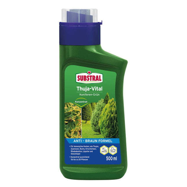 Substral Thuja-Vital, speciāls mēslojums tūju, ciprešu, buksusu, lauru ķiršu u.c. apsmidzināšanai un laistīšanai, 500 ml, zaļš