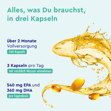 Omega 3 kapsulas augstā devā - 3000 mg zivju eļļa (triglicerīdu forma) - 240 kapsulas ar E vitamīnu (antioksidantu) ideālam EPA un DHA papildinājumam - tīra Omega 3 zivju eļļa - laboratorijā pārbaudīta