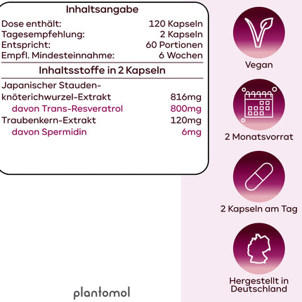 120 spermidīna kapsulas augstā devā - spermidīns 6 mg un 800 mg transresveratrola augstā devā - unikāla kombinācija - 2 mēnešu krājums