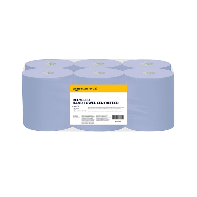 AmazonCommercial papīra salvetes, divslāņu, centra padeves rullis, pārstrādātas, 6 ruļļi (1 iepakojums), 450 loksnes rullī, loksnes izmērs: 30 x 20 cm
