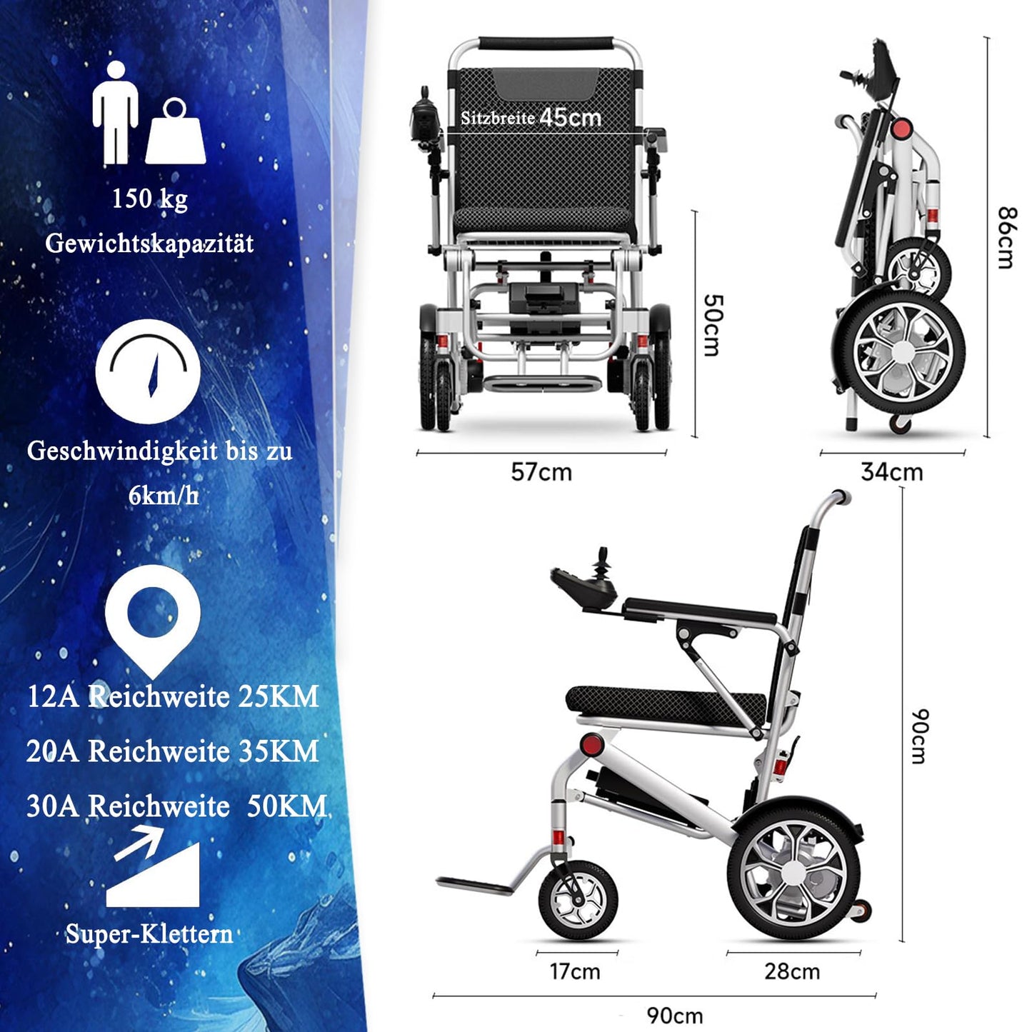 25 KM Elektro Rollstuhl Faltbar Leicht Elektrorollstuhl, 14,9 Kg, Tragfähigkeit 150 Kg, Faltbar Elektrorollstuhl FüR Die Wohnung, Rollstuhl Elektrisch Tragbarer für Erwachsene und Senioren (12ah)