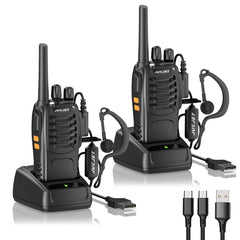 JUCJET 88E rācija, bezlicencīga PMR446 16 kanālu rācija, rokas rācija ar iebūvētu LED lukturīti. 2-in-1 C tipa uzlādes kabelis ar USB uzlādes staciju un austiņām (melns, 2 iepakojumā)