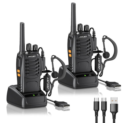 JUCJET 88E rācija, bezlicencīga PMR446 16 kanālu rācija, rokas rācija ar iebūvētu LED lukturīti. 2-in-1 C tipa uzlādes kabelis ar USB uzlādes staciju un austiņām (melns, 2 iepakojumā)