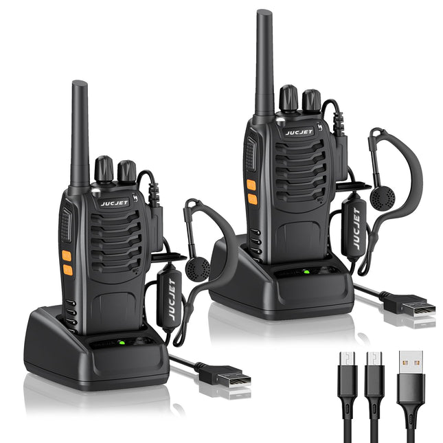 JUCJET 88E rācija, bezlicencīga PMR446 16 kanālu rācija, rokas rācija ar iebūvētu LED lukturīti. 2-in-1 C tipa uzlādes kabelis ar USB uzlādes staciju un austiņām (melns, 2 iepakojumā)
