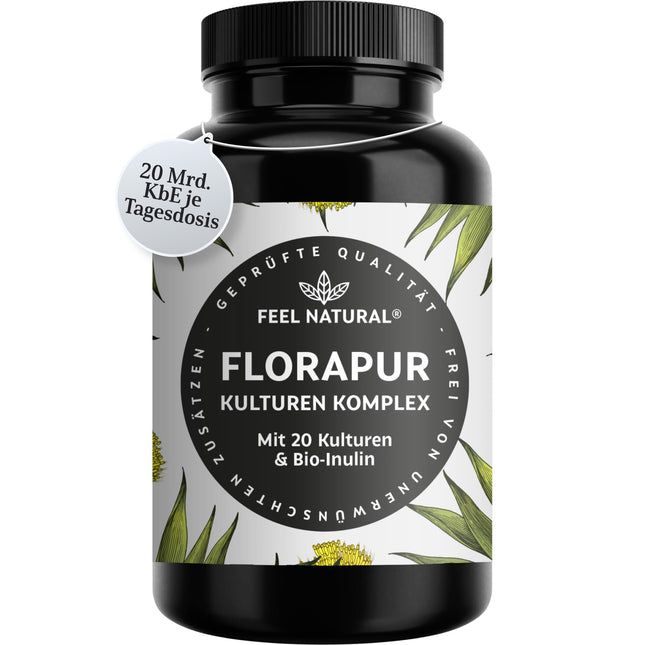 Florapur kultūru komplekss - 180 kuņģa sulu izturīgas kapsulas - 3 mēnešu krājumi - 20 baktēriju kultūras un organiskais inulīns - 20 miljardi CFU dienā - pienskābes baktērijas, bifidobaktērijas - vegāns