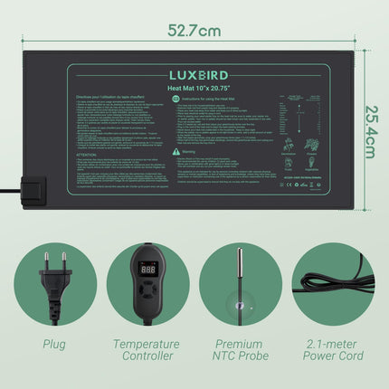 Luxbird apkures paklājiņš ar termostatu, iekštelpu siltumnīcas apkures paklājiņš stādu diedzēšanai iekštelpu dārza siltumnīcā, IP67 ūdensizturīgs, 52,7x25,4 cm, 30 vati