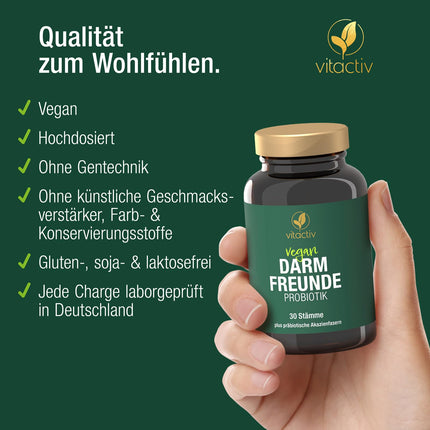 VITACTIV Intestinal Friends - probiotisko kultūru komplekss - 60 probiotiķu kapsulas - 30 baktēriju celmi, 100 miljardi CFU/g - laktobacilas un bifidobaktērijas, akācijas šķiedrvielas kā prebiotika, 8 B vitamīni