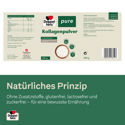 Doppelherz tīrs kolagēna pulveris - bez garšas - viegli šķīstošs - bez konservantiem vai aromatizētājiem - kontrolēta izejviela no ganību saimniecībām - 200 g