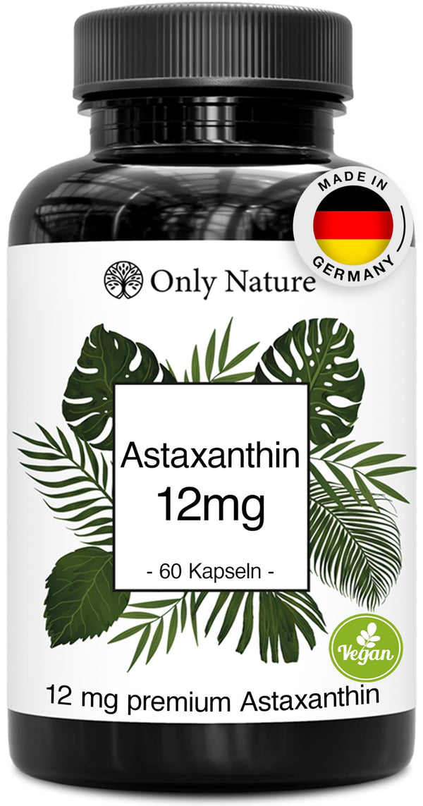 Only Nature® Astaksantīns 12 mg - 60 lielas devas kapsulas - Ražots Vācijā un laboratoriski pārbaudīts - Dabīgs un bez piedevām