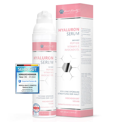 Augstas devas hialuronskābes serums 100 ml - ar pretnovecošanās pastiprinātāju avokado eļļu, peptīdiem un E vitamīnu - vegāns pretgrumbu sejas krēms acīm, kaklam un dekoltē zonai ar savstarpēji saistītu hialuronskābi