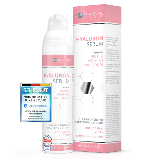 Augstas devas hialuronskābes serums 100 ml - ar pretnovecošanās pastiprinātāju avokado eļļu, peptīdiem un E vitamīnu - vegāns pretgrumbu sejas krēms acīm, kaklam un dekoltē zonai ar savstarpēji saistītu hialuronskābi