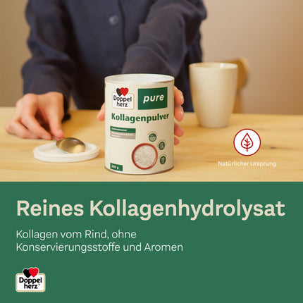 Doppelherz tīrs kolagēna pulveris - bez garšas - viegli šķīstošs - bez konservantiem vai aromatizētājiem - kontrolēta izejviela no ganību saimniecībām - 200 g