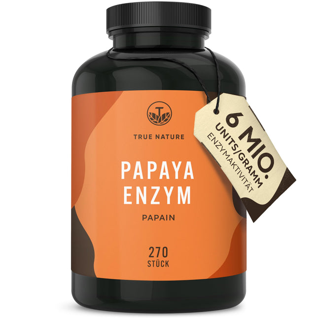 Papaijas enzīmu kapsulas - 270 gabali - AUGSTA DEVA: 2100 mg tīra papaīna - 6 miljoni vienību/g Papaīna enzīmu aktivitāte - vegāns, ražots Vācijā - TRUE NATURE®