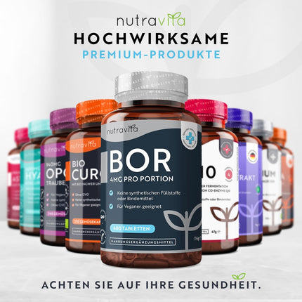 Bors — 4 mg tīra bora vienā tabletē — 400 tabletes — 13 mēnešu krājumi — Laboratorijā pārbaudīts — Bez nevēlamām piedevām — Augsta deva — Piemērots vegāniem — Ražotājs: Nutravita