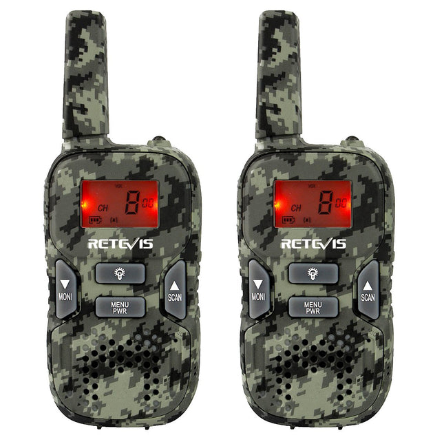Retevis RT33 rācija bērniem, rotaļu dāvanas 6–12 gadus veciem bērniem, 8 kanālu VOX LED lukturītis, armijas spēle, āra aktivitātes, piedzīvojumi (maskēšanās, 2 iepakojumi)