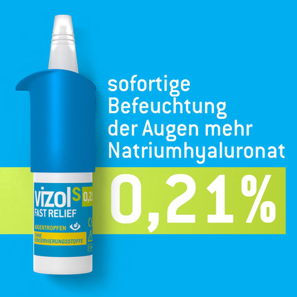 Vizol S 0,21% Fast Relief acu pilieni 10 ml nodrošina tūlītēju un efektīvu atvieglojumu no viegliem līdz vidēji smagiem sausu un kairinātu acu simptomiem, bez konservantiem.
