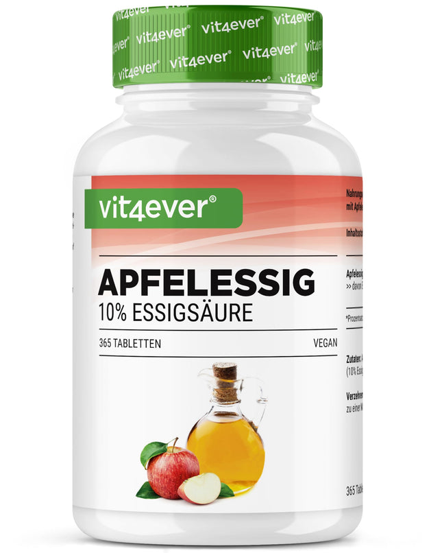 Ābolu sidra etiķis - 365 tabletes - augsta deva ar 1000 mg dienā - ar 10% ābolu etiķskābes - 6 mēnešu krājumi - bez nevēlamām piedevām - vegāns