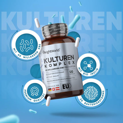 Kultūru komplekss ar 60 miljardiem CFU - 20 baktēriju celmiem un organisko inulīnu - 120 vegāniskas kapsulas - Baktēriju kultūras ar Bifidobacterium, Lactobacillus Gasseri un Reuteri - 2 mēnešu krājums WeightWorld