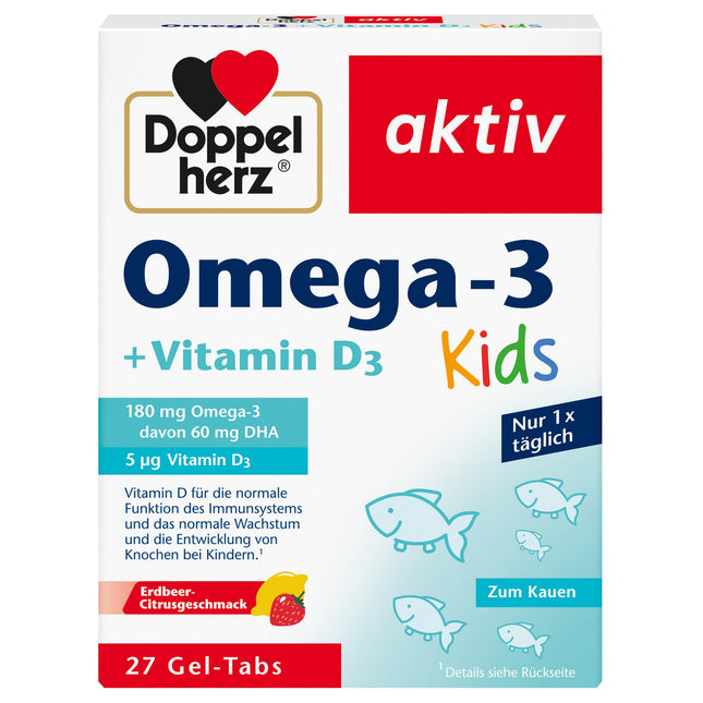 Doppelherz Omega-3 + D3 Kids - D vitamīns nepieciešams veselīgai bērnu augšanai un kaulu attīstībai - 27 želejas tabletes