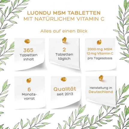 Luondu® MSM 2000 mg ar C vitamīnu dienā - 365 MSM tabletes ar augstu devu - MSM sēra tabletes - MSM ar augstu devu, vegānisks un bez piedevām