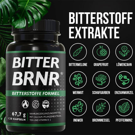BRNR BITTER BRNR rūgtās formulas un vielmaiņas komplekss ar B2 vitamīnu, gremošanas enzīmiem ar kalciju, alternatīva rūgtajiem pilieniem, 120 kapsulas