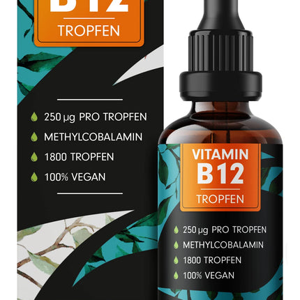 B12 vitamīna pilieni - 1800 pilieni (50 ml) - bioaktīvs metilkobalamīns B12 - optimāli dozēts ar 500 mcg B12 - bez konservantiem vai alkohola - 100% vegāns