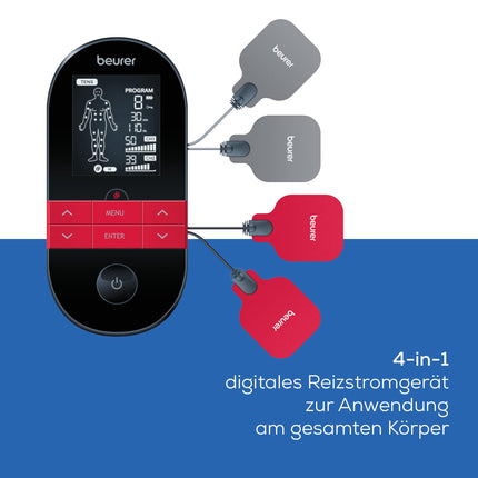 Beurer EM 59 Heat digitālā TENS/EMS ierīce, 4-in-1 elektriskās stimulācijas ierīce sāpju terapijai, muskuļu stimulēšanai, masāžai un siltuma terapijai, ieskaitot 4 elektrodus un akumulatoru