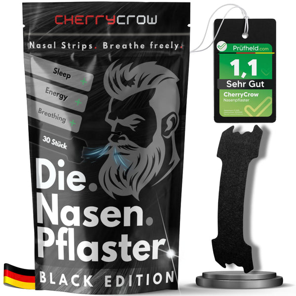 CherryCrow® - deguna plāksteri | (30 gab.) Augstākās kvalitātes melnas deguna plāksteri labākai elpošanai. 100% ādai draudzīgi plāksteri — veiktspēja un labāks miegs. Sporta pretkrākšanas plāksteri.