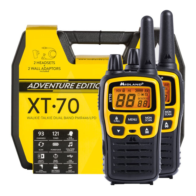 Midland XT70 Adventure PMR rāciju maciņu komplekts, 2 rācijas ar darbības rādiusu līdz 12 km, ar LCD displeju un micro-USB uzlādes ligzdu, bērniem un lietošanai ārpus telpām