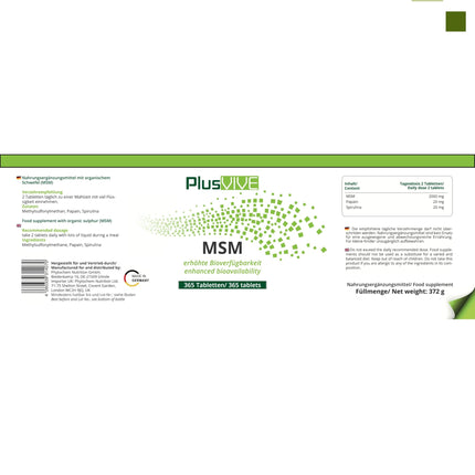 PlusVive MSM tabletes ar augstu devu | 1 x 365 tabletes | 1000 mg MSM ar 99,8% tīrību vienā tabletē | MSM kapsulas ar papaīnu un spirulīnu | Uztura bagātinātājs vegāns un laboratoriski pārbaudīts