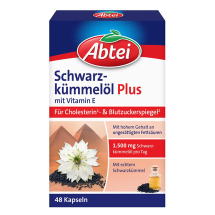 Abtei melnā ķimeņu eļļa Plus - ar E vitamīnu - uztura bagātinātājs holesterīna un cukura līmeņa asinīs regulēšanai - 1 x 48 kapsulas