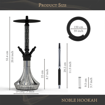 NOBLE HOOKAH ūdenspīpes komplekts ar 4 savienojumiem un ādas apdari, ūdenspīpes galviņa XL, ūdenspīpes galviņa 4, izgatavota no alumīnija caurules, aprīkota ar 4 silikona šļūtenēm un rokturi.