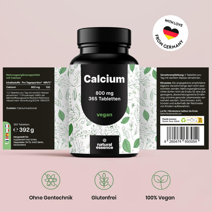 Kalcija tabletes ar augstu devu - 365 tabletes - 800 mg kalcija dienā - Kalcija tabletes ar augstu devu - 180 dienu krājumi - vegānisks un ražots Vācijā