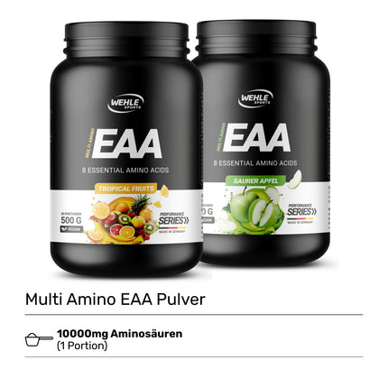 Wehle EAA pulveris 500g, smalks aminoskābju pulveris ar 8 neaizvietojamām aminoskābēm, Human Code Formula I. Garda garša un lieliska šķīdība - vegāns cukurs, aminoskābju dzēriens treniņiem (500g, tropiskie augļi).