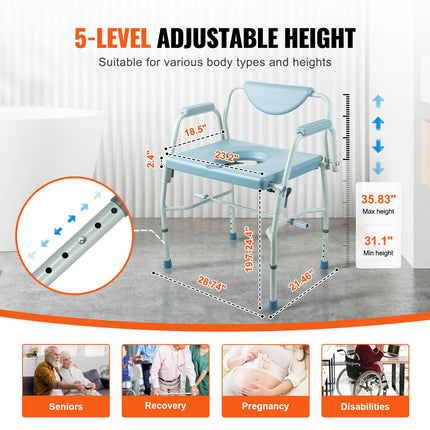 VEVOR tualetes krēsls, naktsgaldiņš ar nolokāmiem roku balstiem un noņemamu atzveltni, 5 līmeņu regulējams augstums 50-62 cm, noņemams 7 litru spainis, viegli saliekams, celtspēja 453,6 kg
