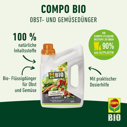 COMPO BIO augļu un dārzeņu mēslojums - organiskais šķidrais mēslojums augļiem un dārzeņiem - kālija mēslojums - 2,5 litri