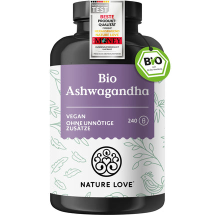 NATURE LOVE® Bioloģiskā ašvaganda - 240 kapsulas - Augsti koncentrēta ar 1950 mg dienas devā - Augstas kvalitātes Indijas ašvaganda - Laboratorijā pārbaudīta, vegāna, ražota Vācijā