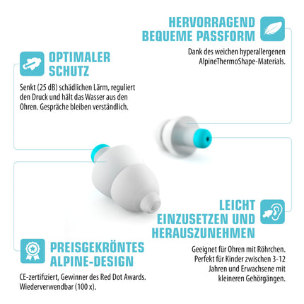 Alpine Pluggies bērnu ausu aizbāžņi - Bērniem un maziem ausu kanāliem - Lidošanai un peldēšanai - Ērts hipoalerģisks materiāls - Atkārtoti lietojami dzirdes aizsargi