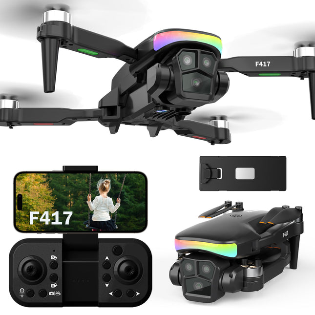 F417 drons ar 1080P kameru pieaugušajiem, 90° regulējams, RGB LED lente, WiFi FPV pārraide, divu kameru droni iesācējiem, bezkontaktu, RC kvadrokopters, ideāli piemērots iesācējiem un izklaidei brīvā dabā, rokassoma