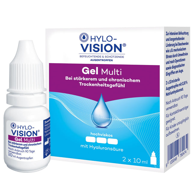 Hylo-Vision gēla daudzfunkcionālie acu pilieni – intensīvi mitrinoši un ilgstoši mazina kairinājumu vai sāpīgumu acīs, kā arī izteiktu sausumu, ļoti viskozi, piemēroti kontaktlēcām, 2 x 10 ml