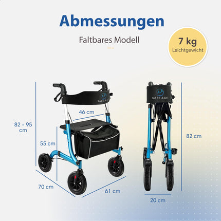 Safe Age salokāms un viegls rollators ar sēdekli - staigāšanas palīglīdzeklis senioriem, rollators mājām iekštelpās un ārā - ar atzveltni un nūjas turētāju