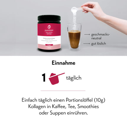 pureSGP kolagēns [300 g]: Tīrākais kolagēns aptiekas kvalitātē — bioaktīvi augstākās kvalitātes peptīdi no augstas kvalitātes kolagēna hidrolizāta. Ar C vitamīnu un biotīnu - Bez garšas - Laba šķīdība