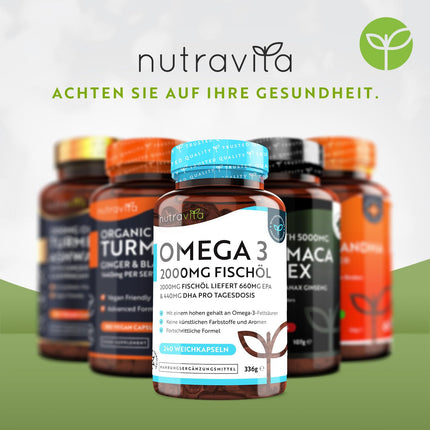 Omega 3 kapsulas, lielas devas 240–2000 mg zivju eļļas kapsulas ar 660 mg EPA un 440 mg DHA vienā porcijā — Omega 3 eļļa, tīra zivju eļļa no ilgtspējīgas zvejniecības — Testēts/sertificēts Vācijā — Nutravita