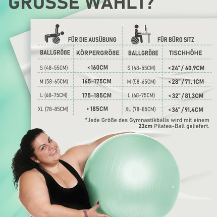 PhysKcal 65 cm gaiši tirkīza biezas vingrošanas bumbas un 23 cm Pilates bumbas komplekts, vingrošanas bumba ar pretplīsumu, neslīdoša sēdekļa bumba, līdzsvara bumba, jogas bumba mājām, sporta zālei un birojam