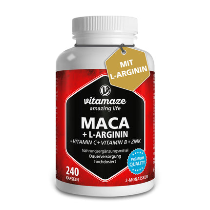 Maca kapsulas ar augstu devu + L-arginīns + vitamīni + cinks, 240 kapsulas, pulveris no Maca saknes 2 mēnešiem, augu izcelsmes uztura bagātinātājs bez piedevām, ražots Vācijā