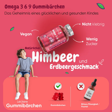 Omega 3 6 9 želejkonfektes bērniem - 400 mg perillas eļļas nodrošina Omega 3, Omega 6 un Omega 9 vienā porcijā - 120 vegānas želejkonfektes - 2 mēnešu krājumi - taukskābes ar zemeņu un aveņu garšu - maxmedix